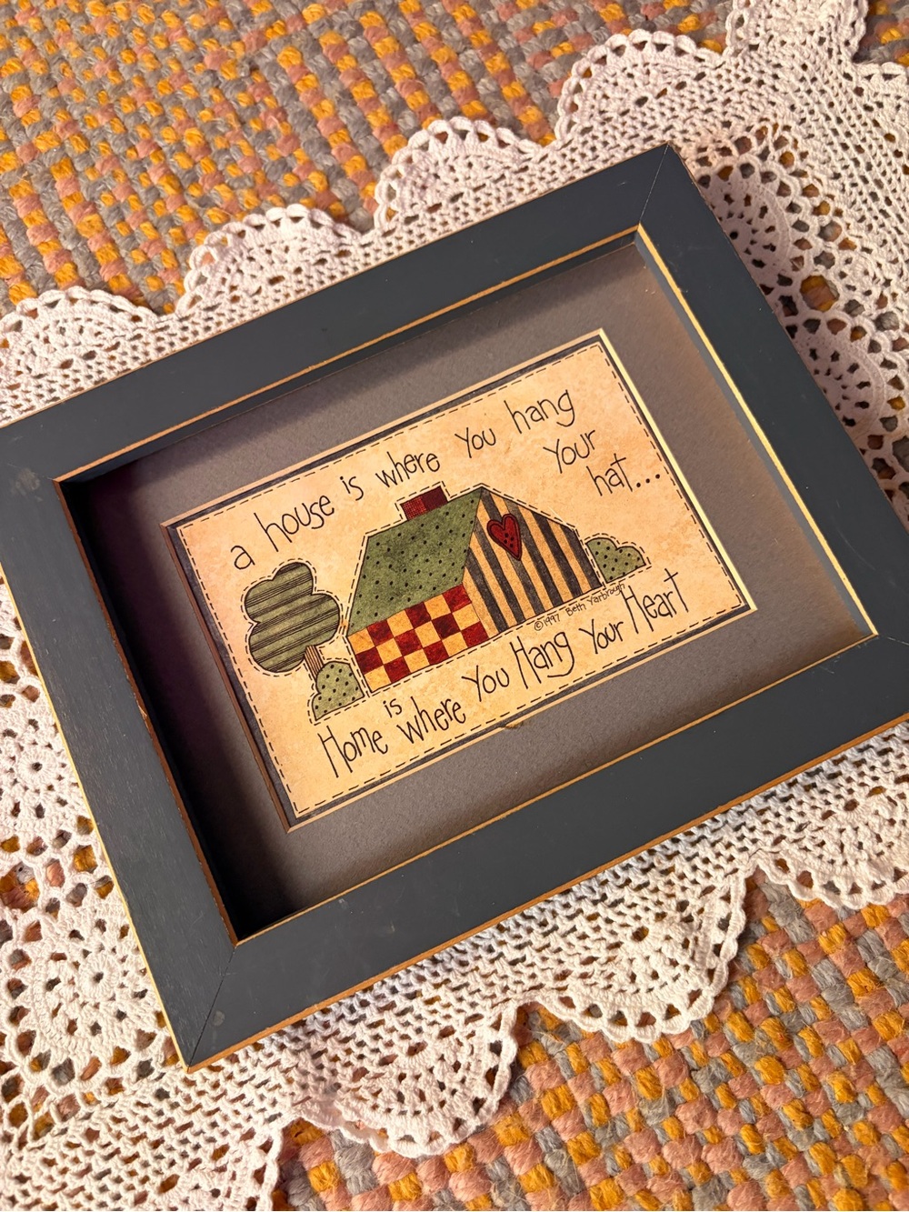 🏡💙✨ Vintage 1999 Framed “Home Is Where You Hang Your Heart” Wall Art ✨💙🏡